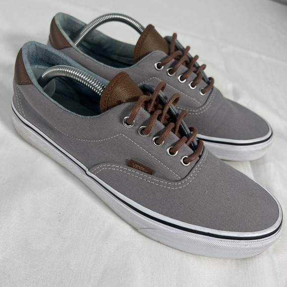 Vans Shoes Mens Size 11 Gray Canvas Brown Leather Low Top Casual Sneakers - Picture 4 of 15